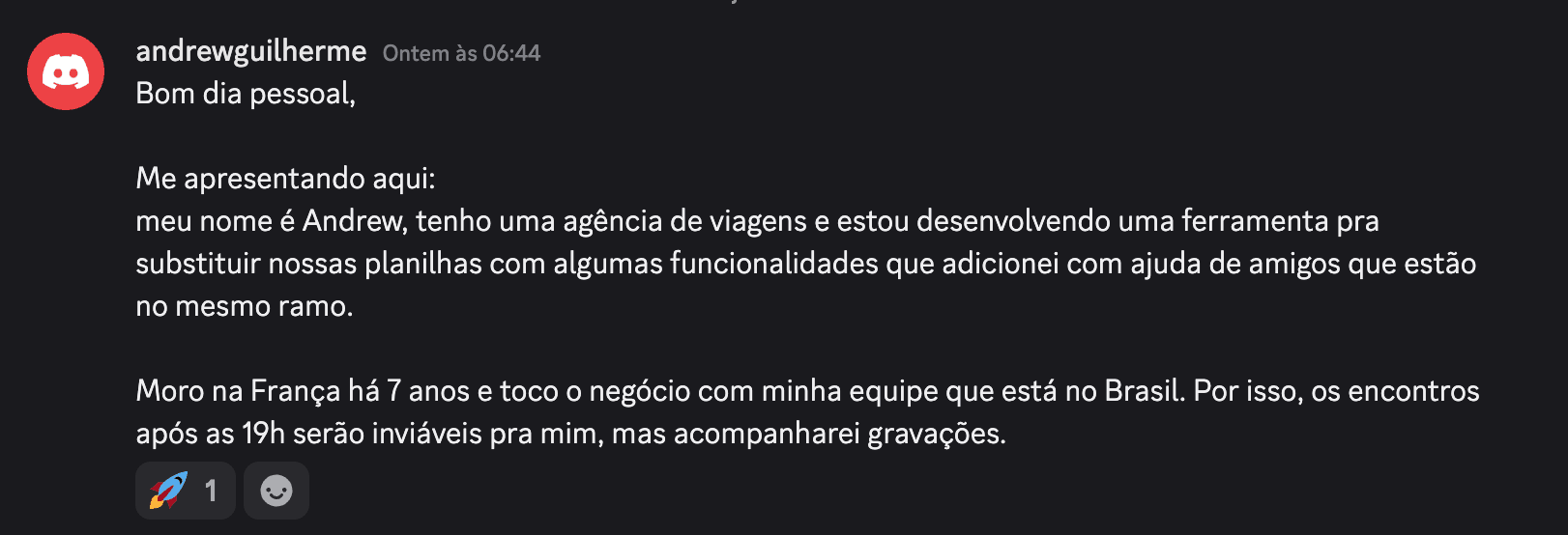 Apresentação de Andrew Guilherme no Discord